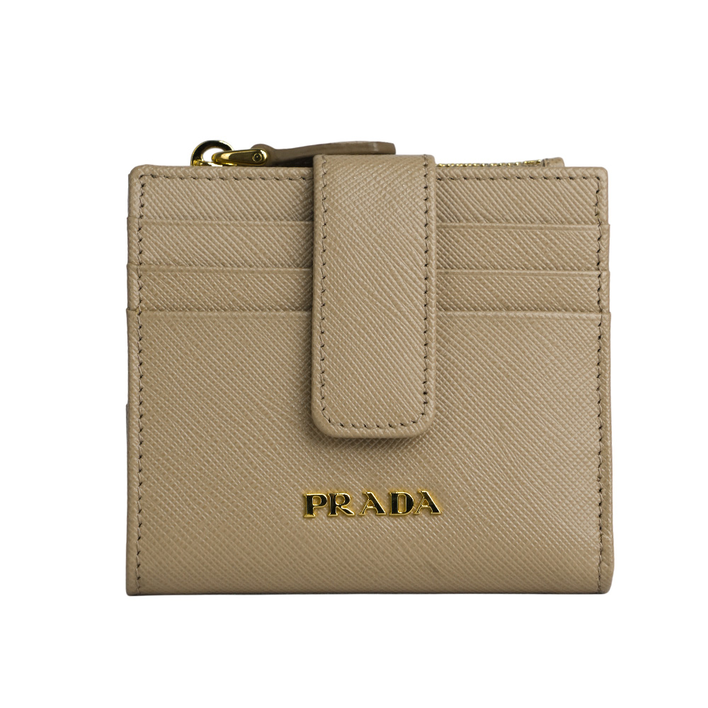 PRADA 金字浮雕Logo 防刮牛皮卡片短夾/藕粉色, , large