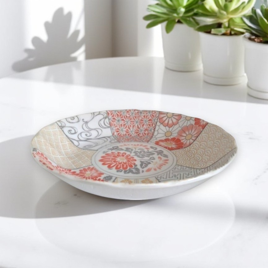 Minoyaki 7.0" Shallow Bowl – Red Flower Design, , large