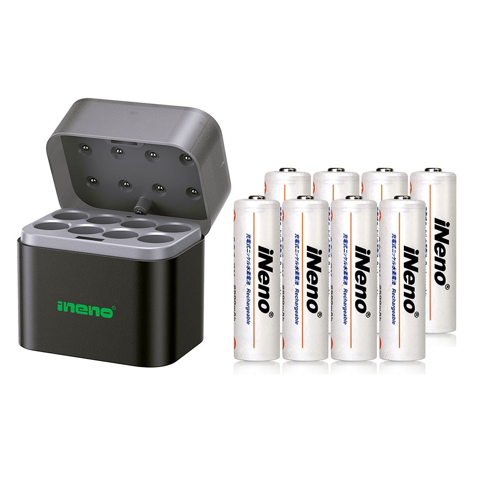【ineno】3號/AA超大容量低自放鎳氫充電電池2500mAh 8入+(鎳氫/鋰電混充型3號8槽)AI隨身收納盒充電器, , large