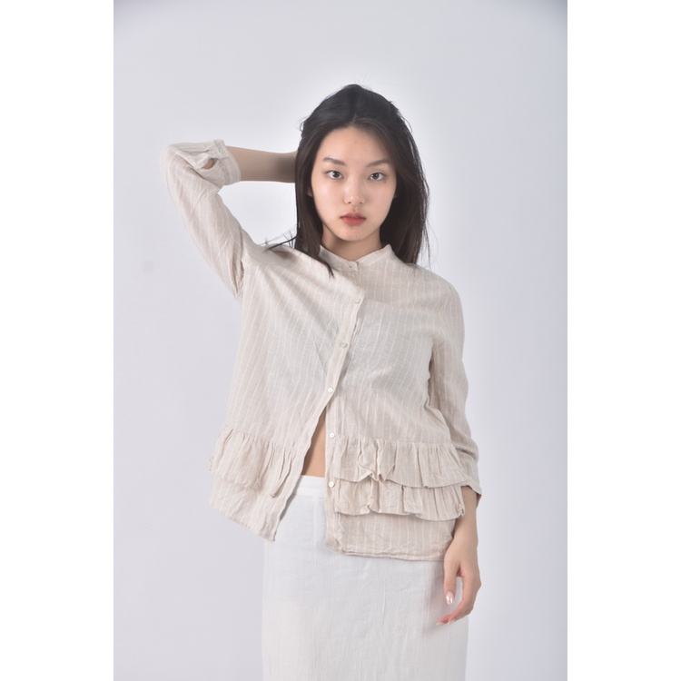 (S) zara質感棉質條紋杏色長袖上衣二手衣, , large