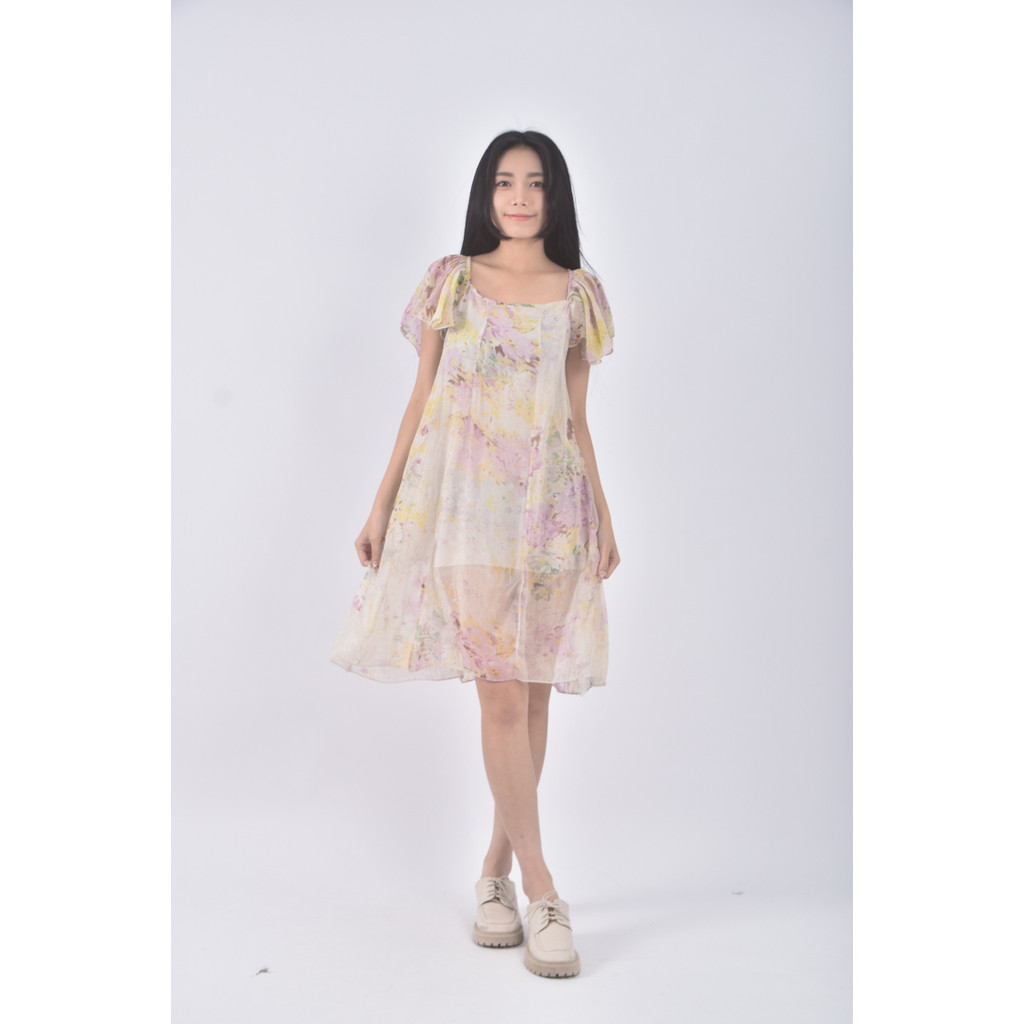 (S) 紡紗圓領黃色洋裝二手衣, , large