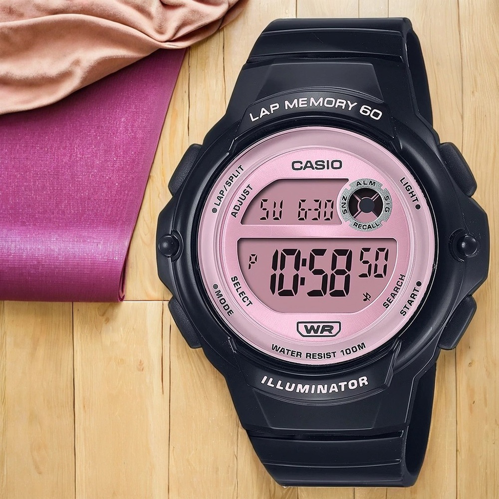 CASIO 卡西歐 運動慢跑女錶-粉X黑 LWS-1200H-1A2V, , large