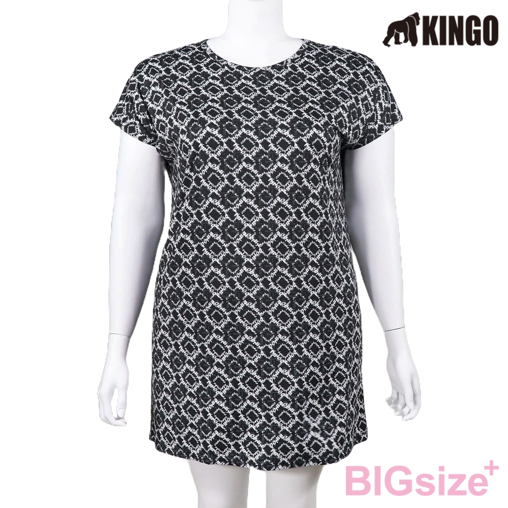 KINGO-大尺碼-圓領 吸排 半袖洋裝-黑-414801, , large