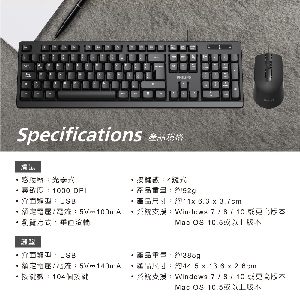 PHILIPS SPT6234 有線鍵鼠組 鍵盤104鍵 低噪音舒適鍵 人體工學滑鼠 光學感應 USB即插即用, , large