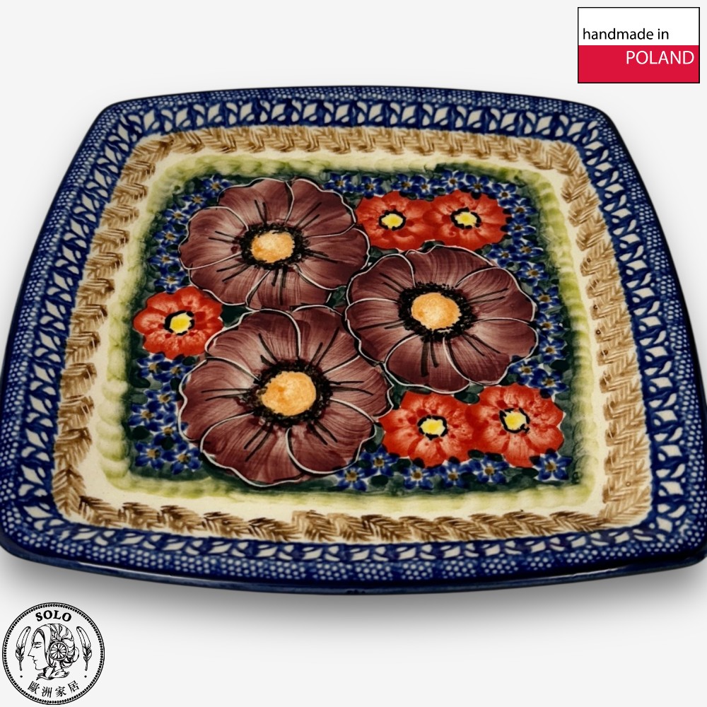 【SOLO Vintage】Cerraf Polish Pottery 19cm Square Plate Banquet of Elegant Red Series Made in Poland, , large