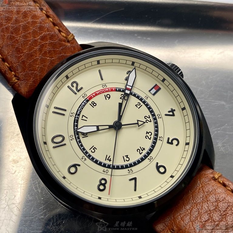 [星晴錶業]TommyHilfiger手錶,44mm,TH00033米黃色錶面黑錶殼咖啡色真皮皮革錶帶款, , large