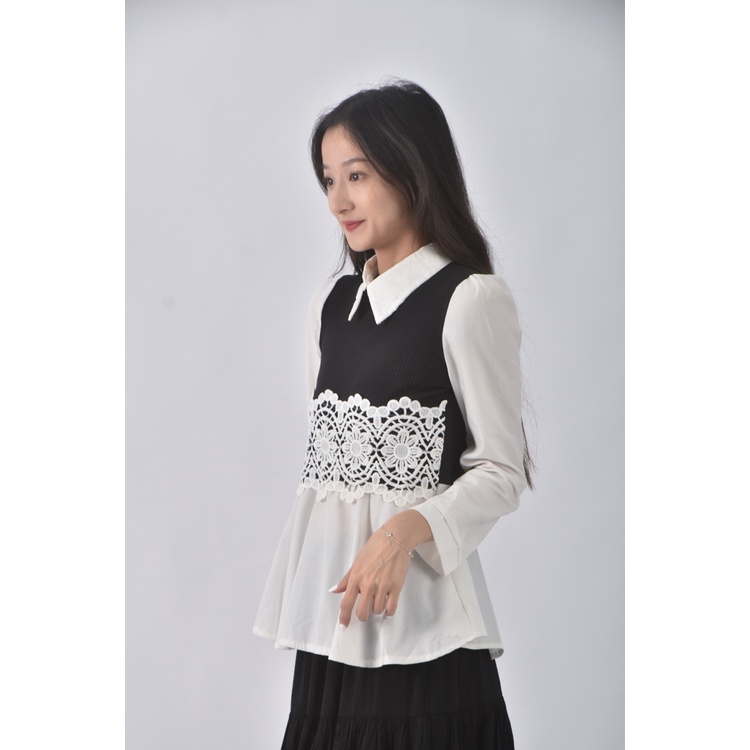 (S) 【德馨私服】質感假兩件黑色長袖上衣二手衣, , large
