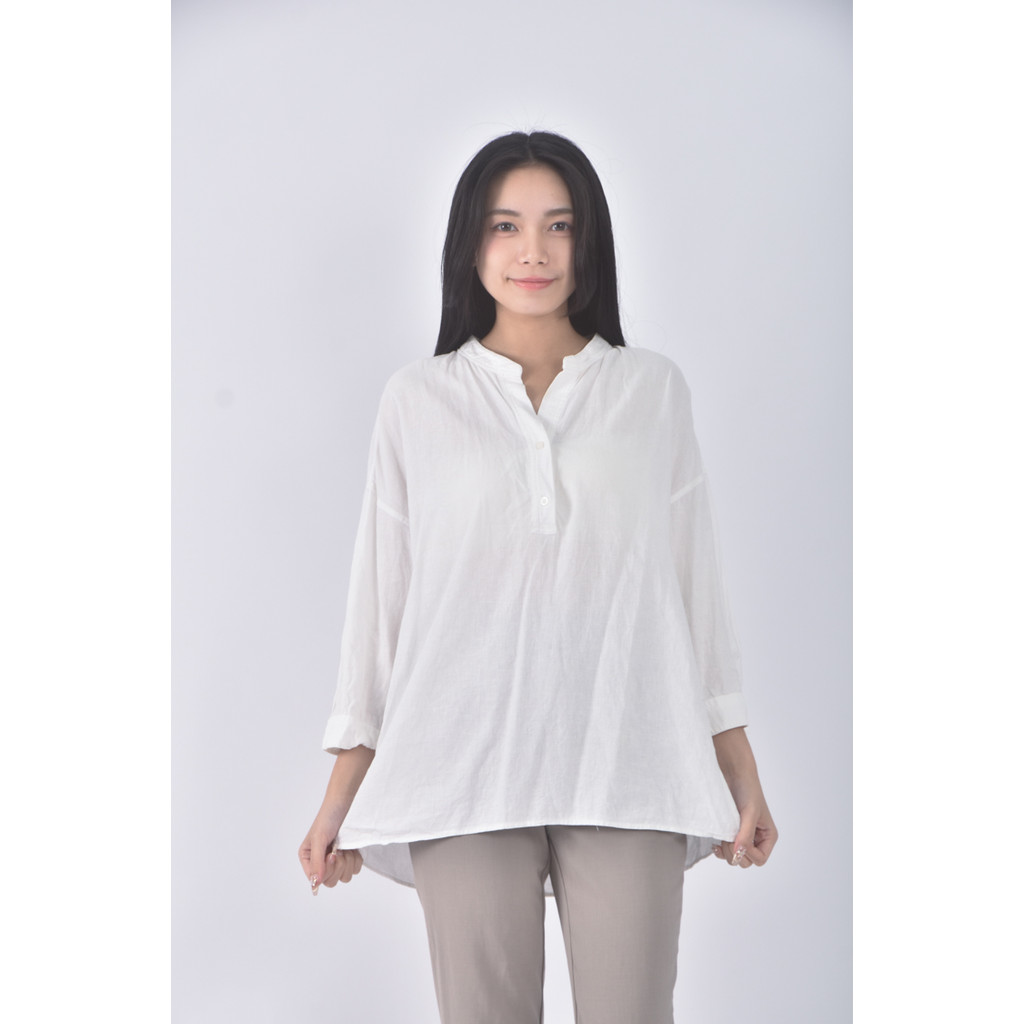 (XL) net質感亞麻五分白色長袖上衣二手衣