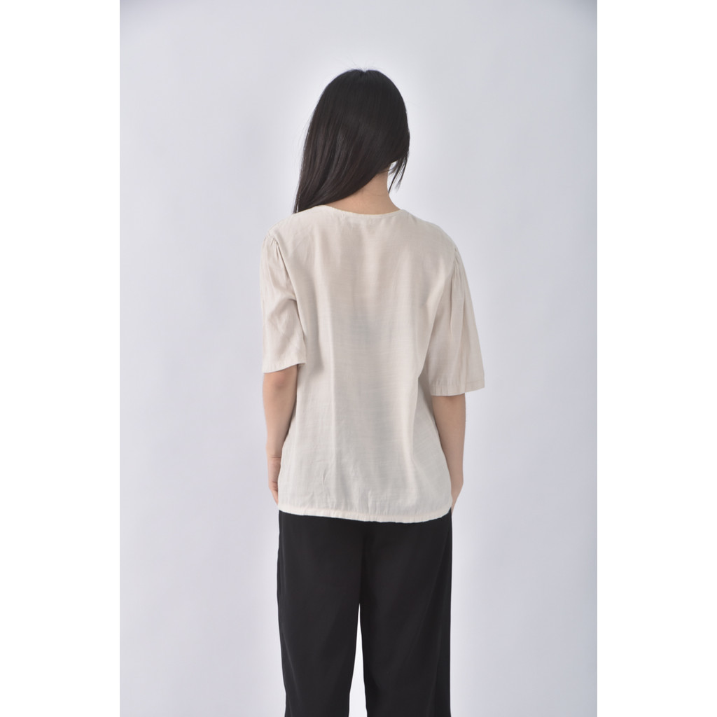 (M) vintag salon質感V領杏色短袖上衣二手衣, , large