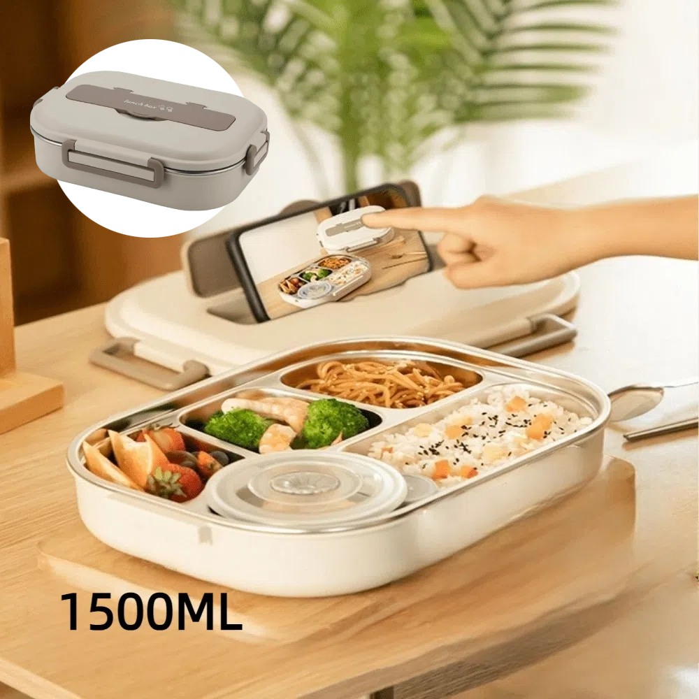 【A&R】日式304不鏽鋼五格微波便當盒附贈湯碗+餐具 1500ML 拿鐵咖, , large