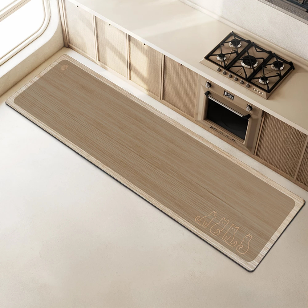 廚房專用珪藻土軟地墊 【長方形-木紋貓45*200】 吸水快乾 方便收納 防滑底部 快速吸水 珪藻土地墊  廚房 地墊 軟地墊, , large
