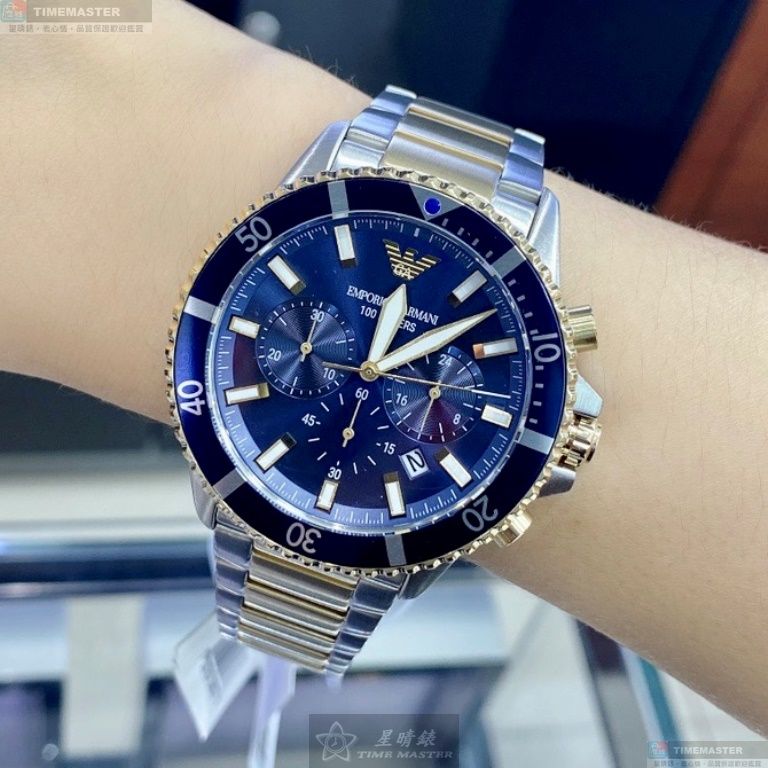 [星晴錶業]ARMANI手錶,44mm,AR00042寶藍色錶面寶藍錶殼金銀相間精鋼錶帶款, , large