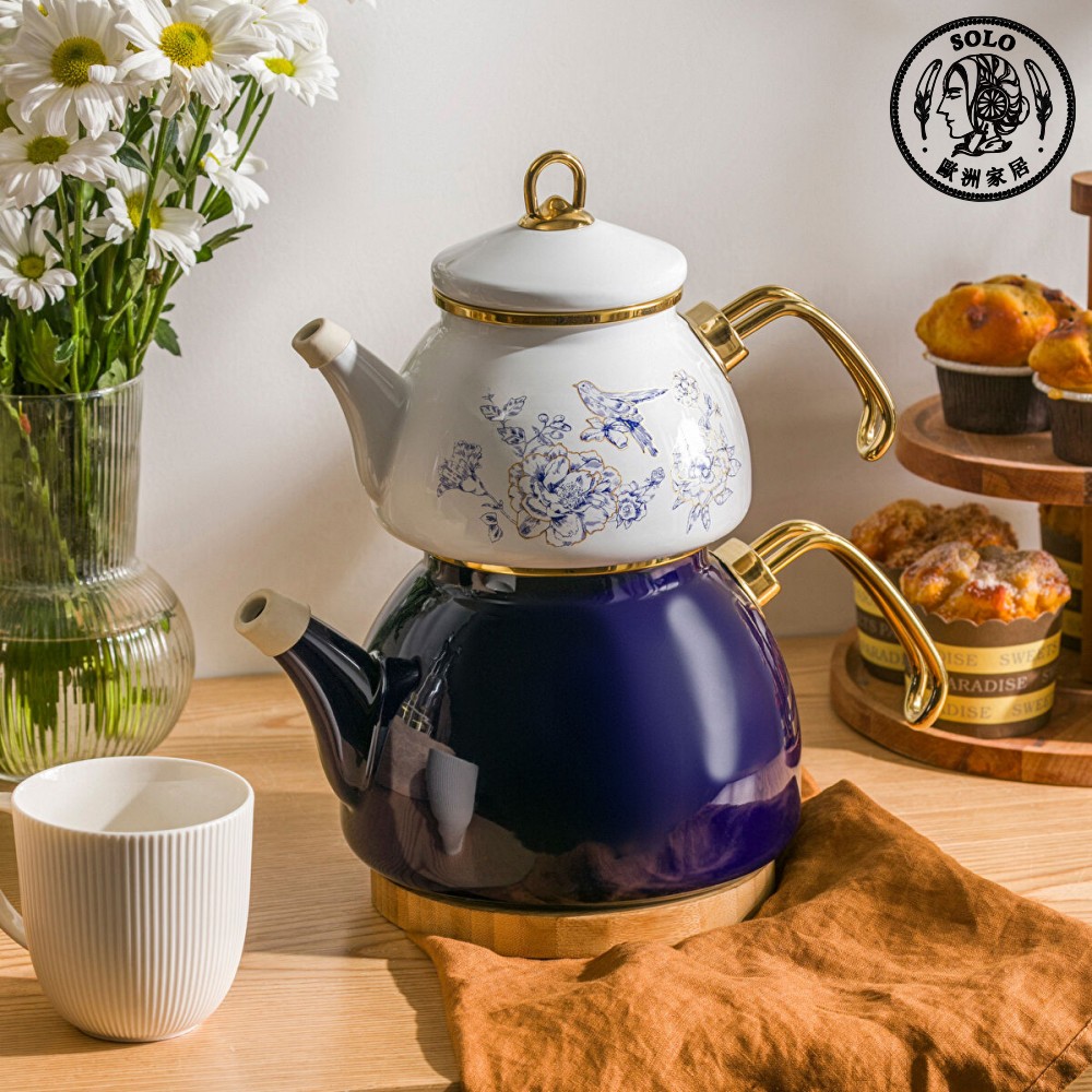 【SOLO歐洲家居】LCW Home 土耳其製 藍瓷花 琺瑯壺 子母茶壺 1.1L＋2.3L, , large