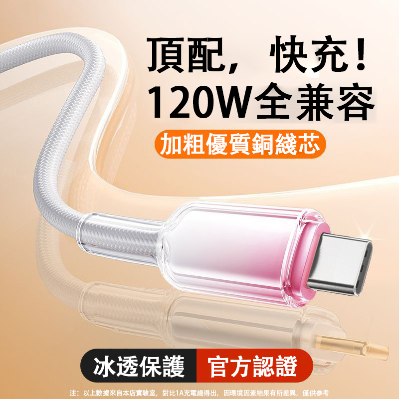 【樂樂】120W冰晶頭彩色编織快充線USB to TYPE-C 1.5M漸變藍, , large