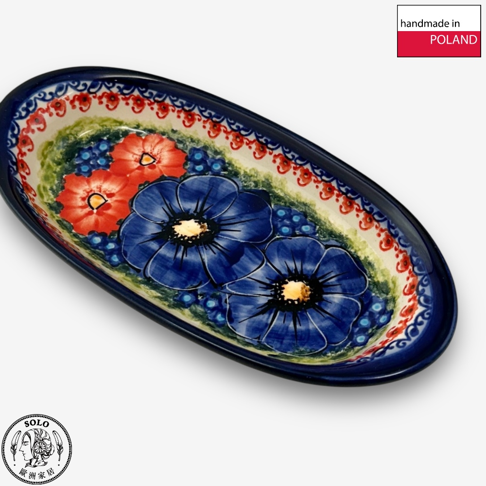 【SOLO Vintage】Cerraf Polish Pottery 19cm Oval Plate Red and Blue Blossoming Elegance Series Made in Poland, , large