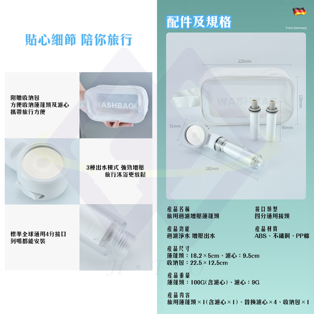 Travel High-Pressure Shower Head Set / Includes 4 Filters + Waterproof Bag, , large