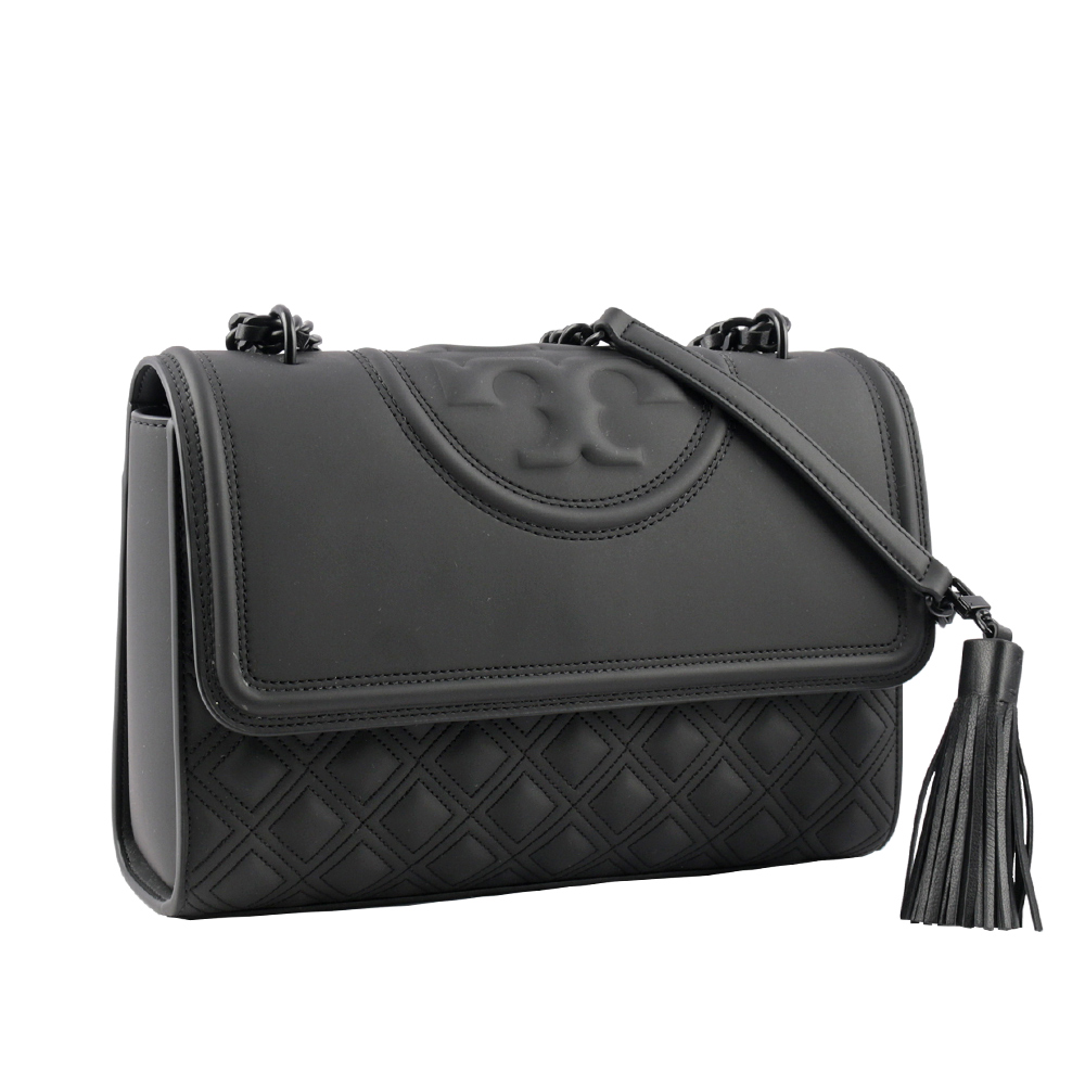 TORY BURCH Fleming Matte 縫線翻蓋流蘇二用包/黑色, , large