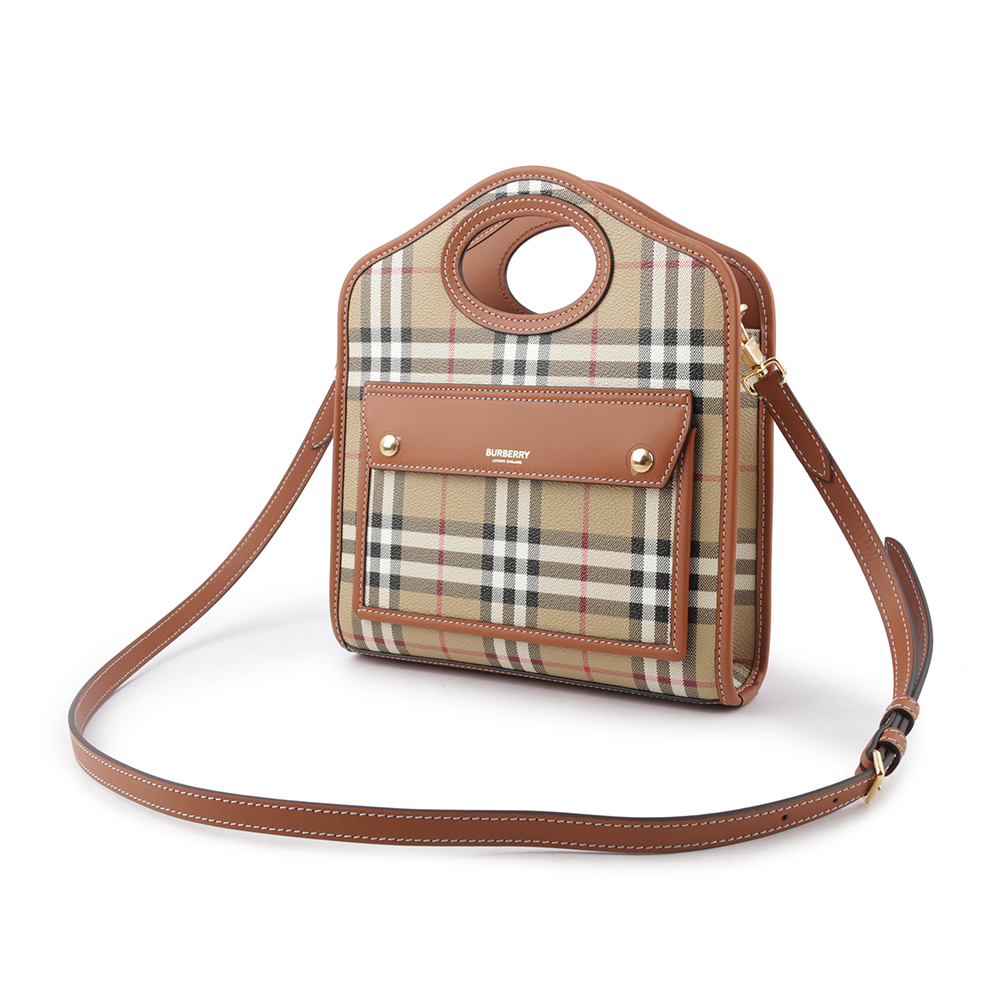BURBERRY 格紋拼皮革手提/斜背口袋包(Mini)/石楠木棕色, , large