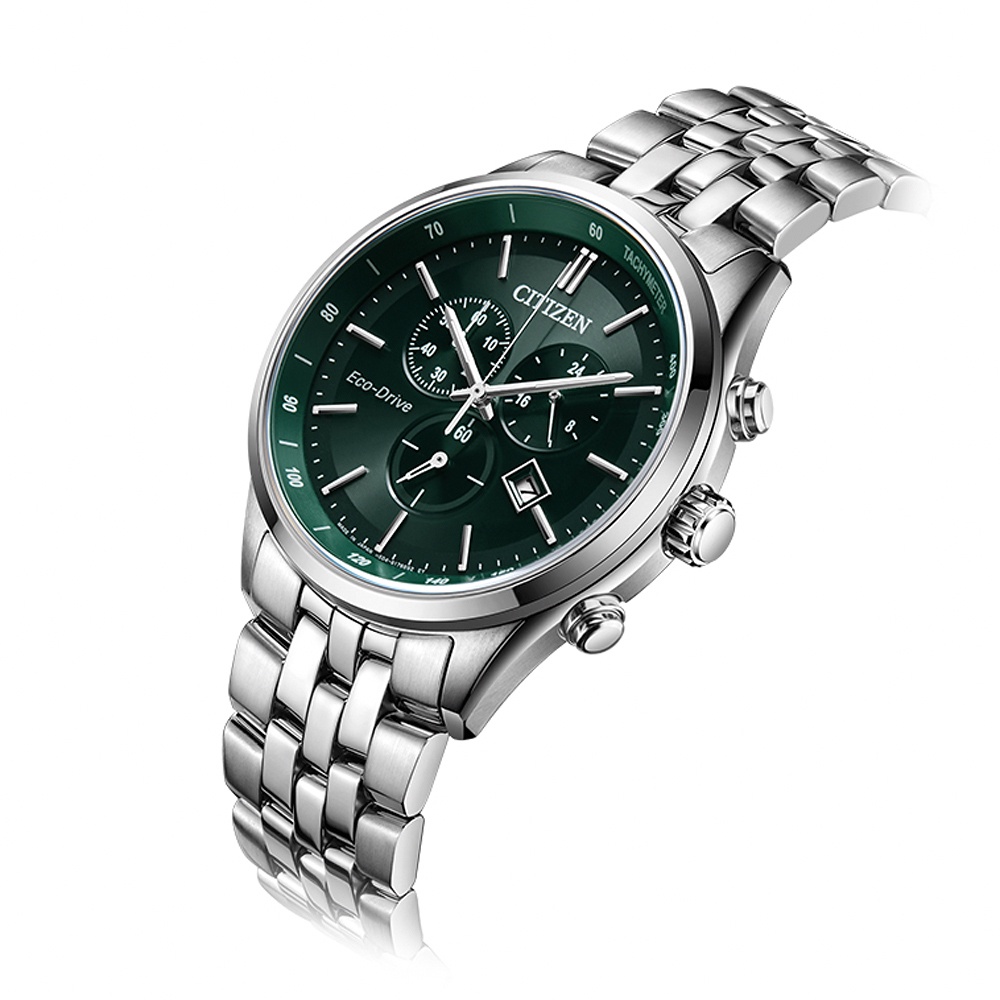 CITIZEN 星辰 光動能復古風計時手錶-銀x紳士綠 AT2149-85X, , large