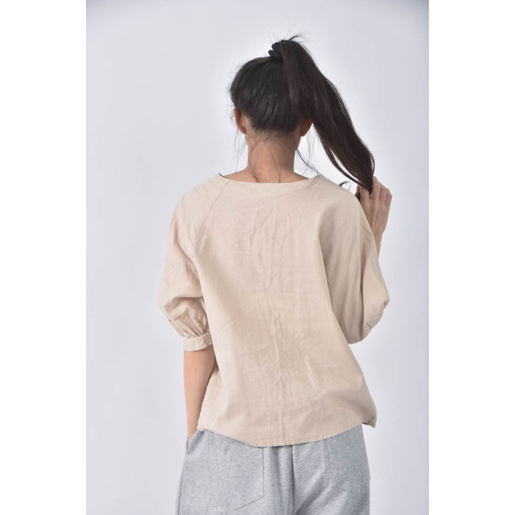 (M) gu亞麻棉質V領泡泡袖杏色長袖上衣二手衣, , large