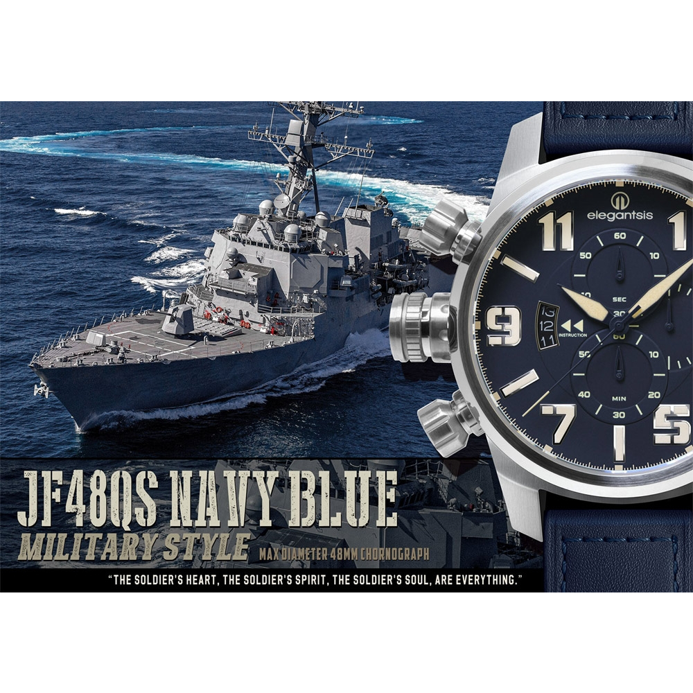 elegantsis 愛樂時 JF48QS-陸海空三軍大錶徑三眼計時手錶-海軍藍/48mm ELJF48QS-OU06L, , large