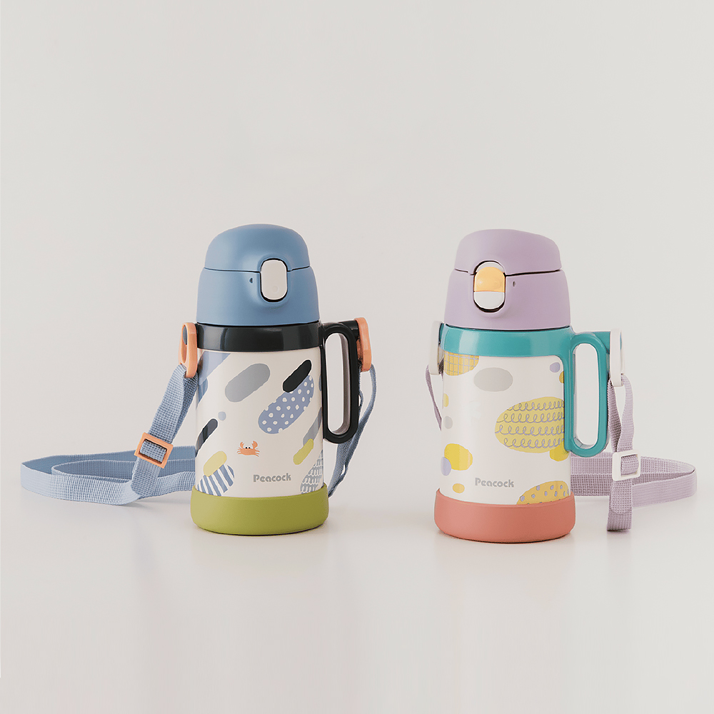 【日本孔雀Peacock】耐衝擊底座 直飲+吸管兩用 兒童不鏽鋼保溫杯水壺490ML(握把+背帶)-紫, , large
