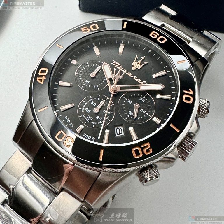 [星晴錶業]MASERATI手錶,44mm,R8873600003黑色錶面黑錶殼銀色精鋼錶帶款, , large