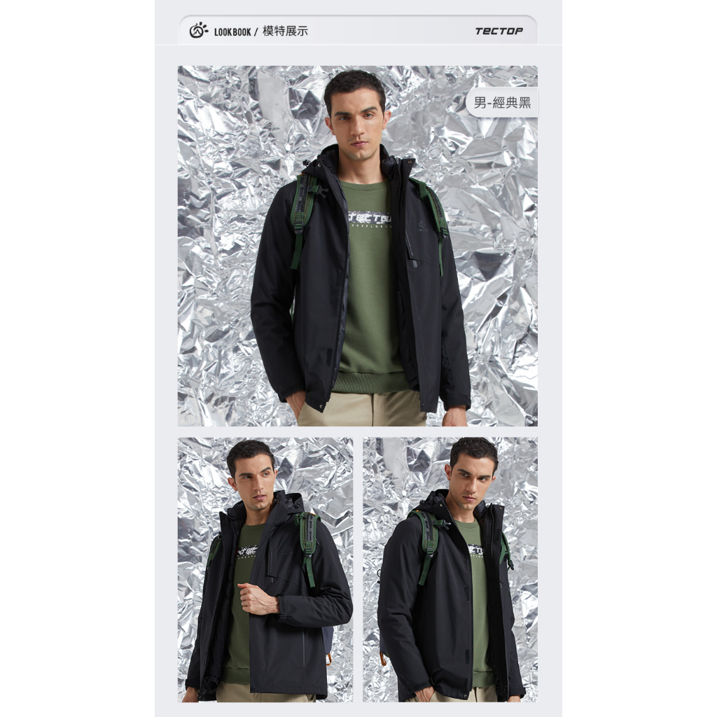[TECTOP探拓戶外]12145119男款羽絨兩件式外套～90/10白鴨絨 防風防水保暖三合一衝鋒外套, 森墨藍, large