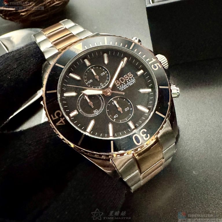 [星晴錶業]BOSS手錶,46mm,HB1513705黑色錶面黑錶殼金銀相間精鋼錶帶款, , large
