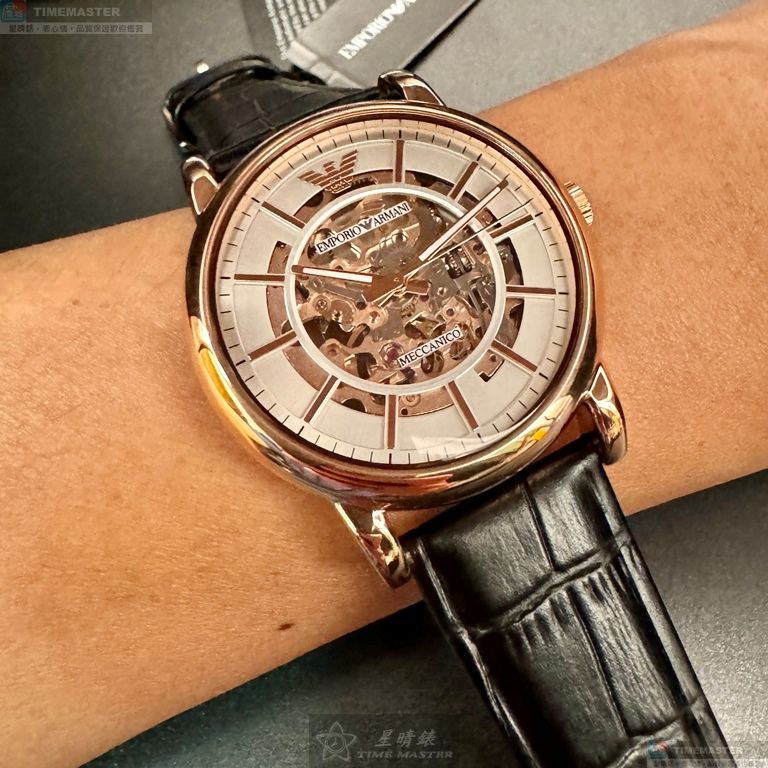 [星晴錶業]ARMANI手錶,44mm,AR00069白色雙面機械鏤空錶面玫瑰金錶殼深黑色真皮皮革錶帶款, , large