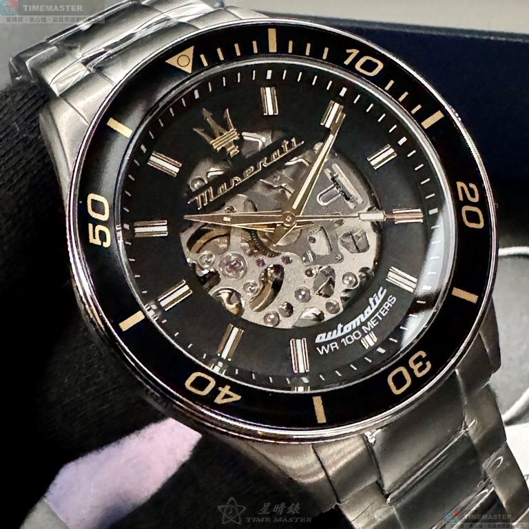 [星晴錶業]MASERATI手錶,46mm,R8823140008黑色雙面機械鏤空錶面銀錶殼銀色精鋼錶帶款, , large