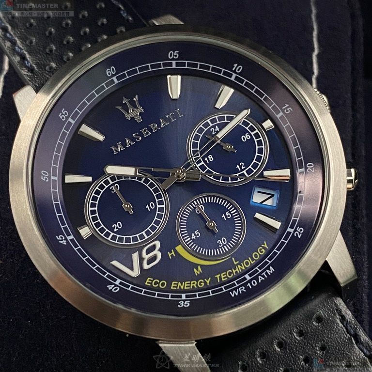 [星晴錶業]MASERATI手錶,44mm,R8871134002寶藍色錶面銀錶殼寶藍真皮皮革錶帶款, , large