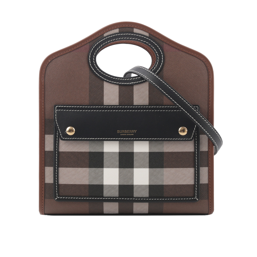 BURBERRY 格紋拼皮革手提/斜背口袋包(Mini)/暗樺木棕色, , large
