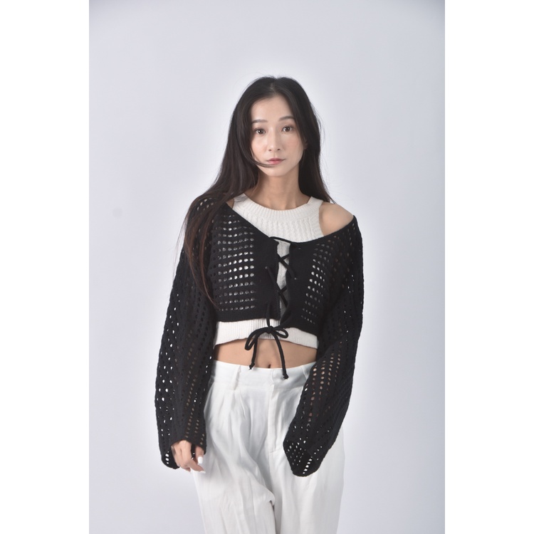 (F) 【安于晴Charlene私服】質感修身短版針織黑色罩衫二手衣