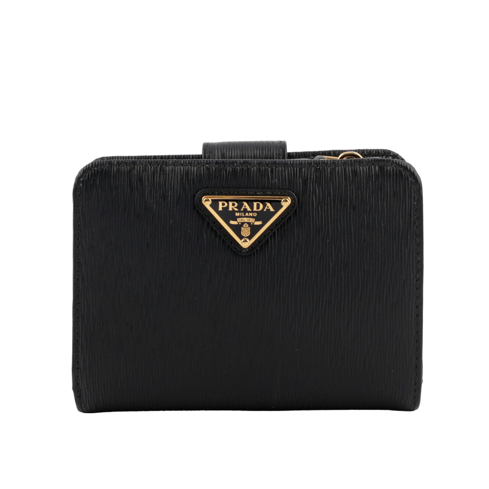 PRADA 三角牌Logo水波紋拉鍊釦式厚款零錢短夾/黑色, , large