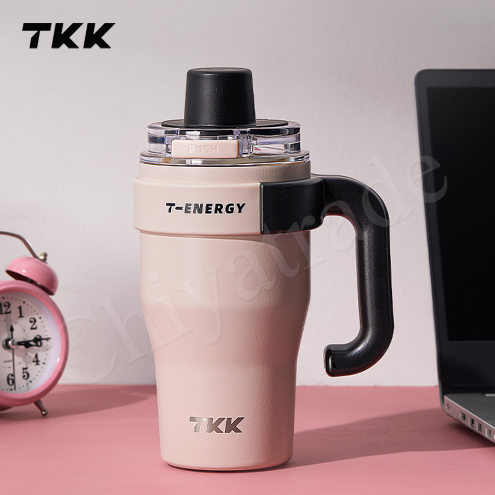【TKK】T-One 彈蓋冰壩杯 316不鏽鋼x陶瓷噴塗 直飲+吸管 保冰保溫 運動隨身杯 800ML(握把式)-沙丘咖, , large