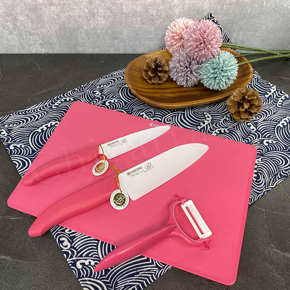 【KYOCERA京瓷】日本製 抗菌陶瓷刀 水果刀 削皮器 砧板 金色限定版-4件組(刀刃14+11cm)-粉色, , large