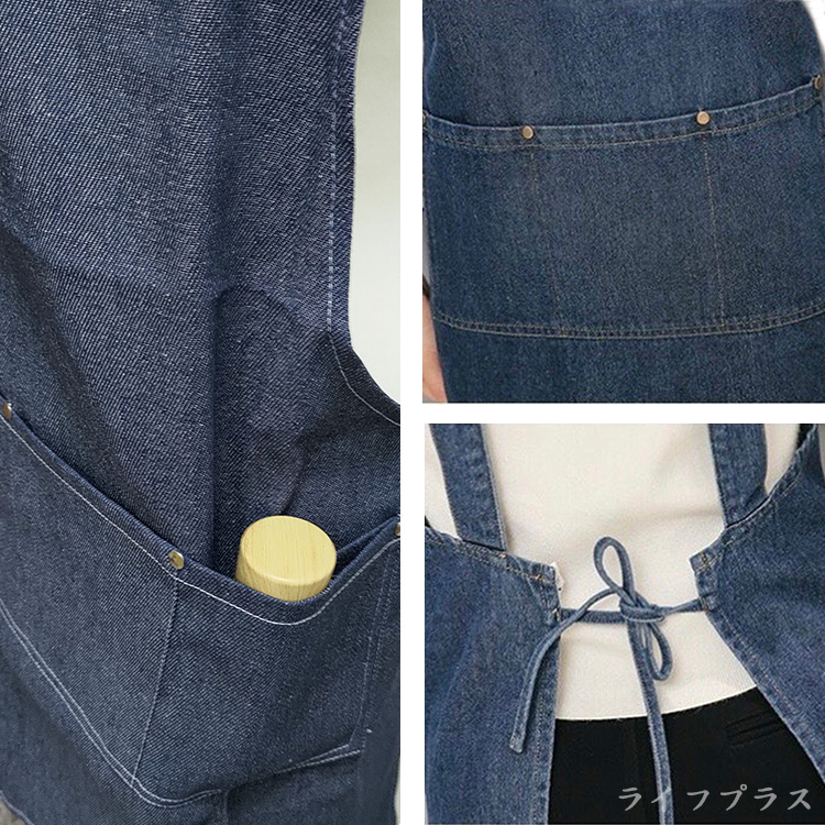 H肩帶牛仔三口圍裙-76*69cm-深藍色-4件, , large