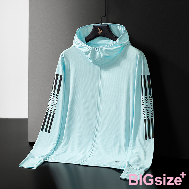 大尺碼- 印花 防曬冰涼 連帽外套-白/藍/淺藍/灰-0206028, 33淺藍, large
