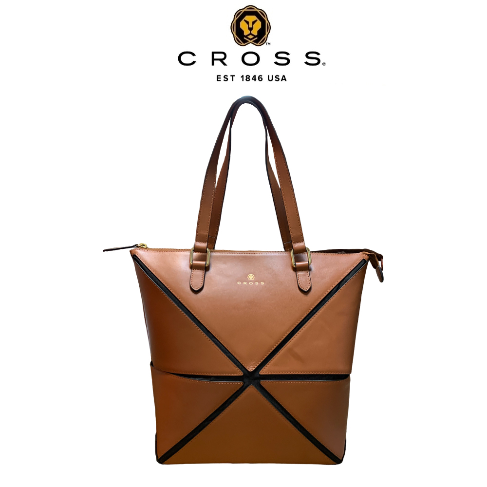 【CROSS】限量1折 頂級小牛皮幾何手提包拖特包 全新專櫃展示品(琥珀色), , large
