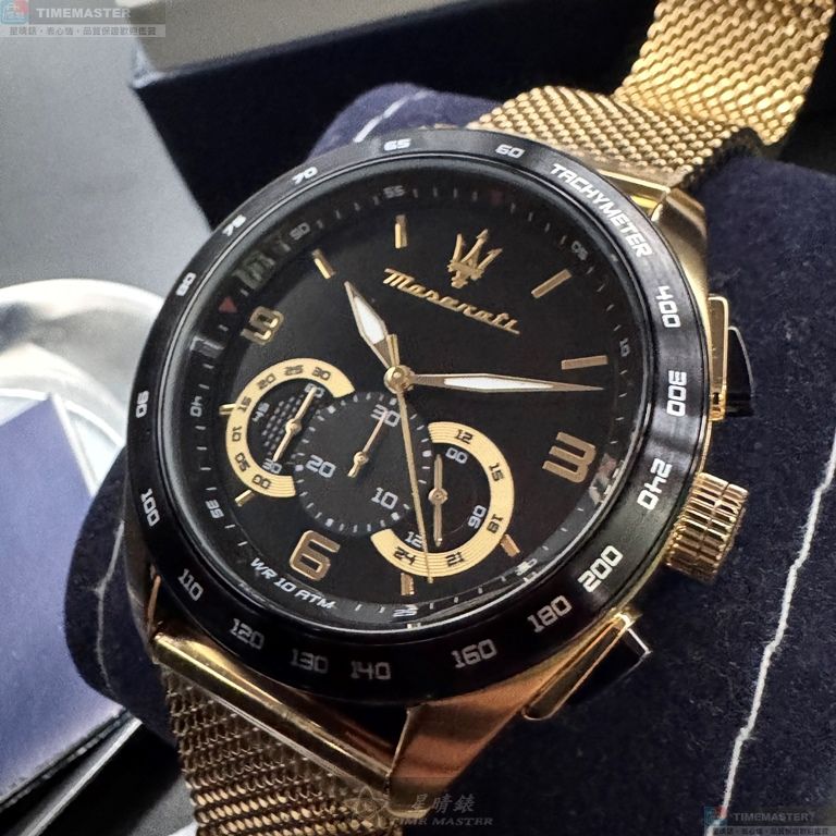 [星晴錶業]MASERATI手錶,46mm,R8873612010黑色錶面金色錶殼金色米蘭錶帶款, , large