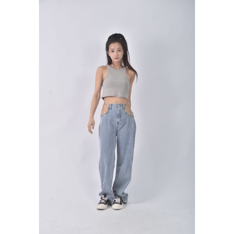 (S) 【安于晴Charlene私服】高腰丹寧牛仔質感鍊條藍色長褲二手衣, , large