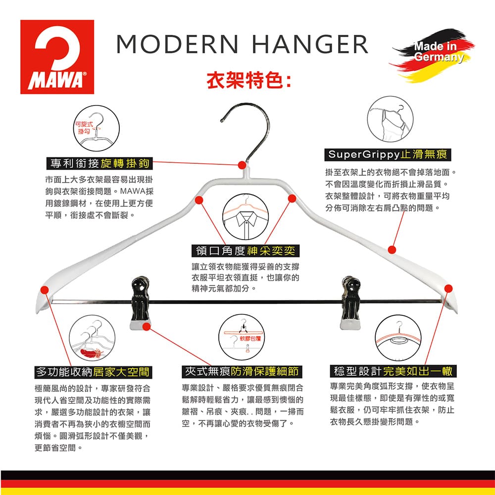 【德國MAWA】德國原裝進口 無痕止滑 時尚外套大衣衣架42cm 10入/黑, , large