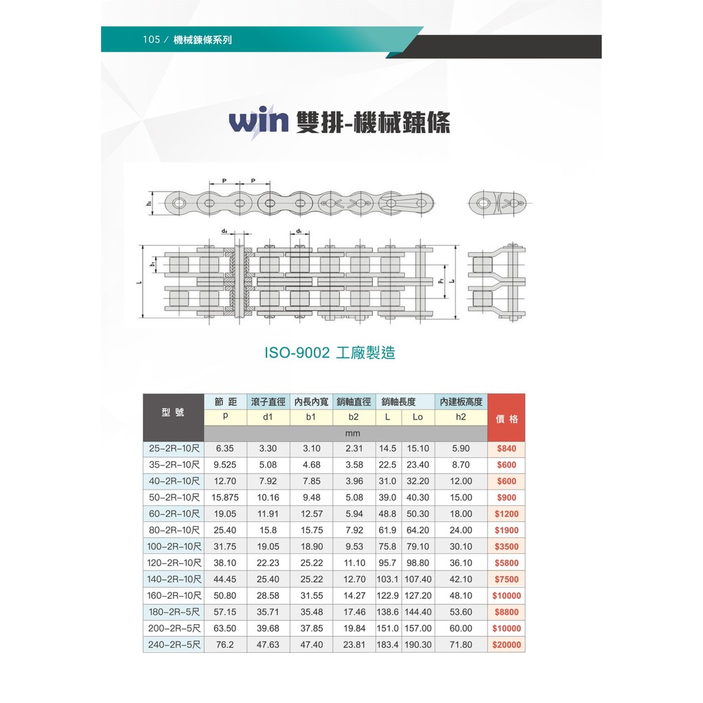 WIM五金 台灣品牌WIN  50-2R 雙排 機械鍊條10尺(3米)一條 滾珠鍊條 滾針鍊條 滾子鍊條, , large