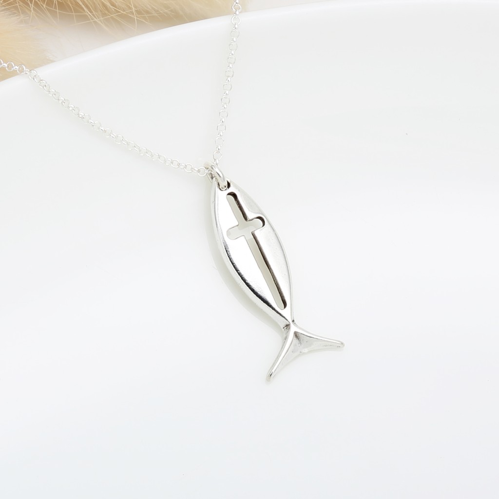 【Angel & Me】Fish Cross s925 sterling silver necklace Christmas gift, , large