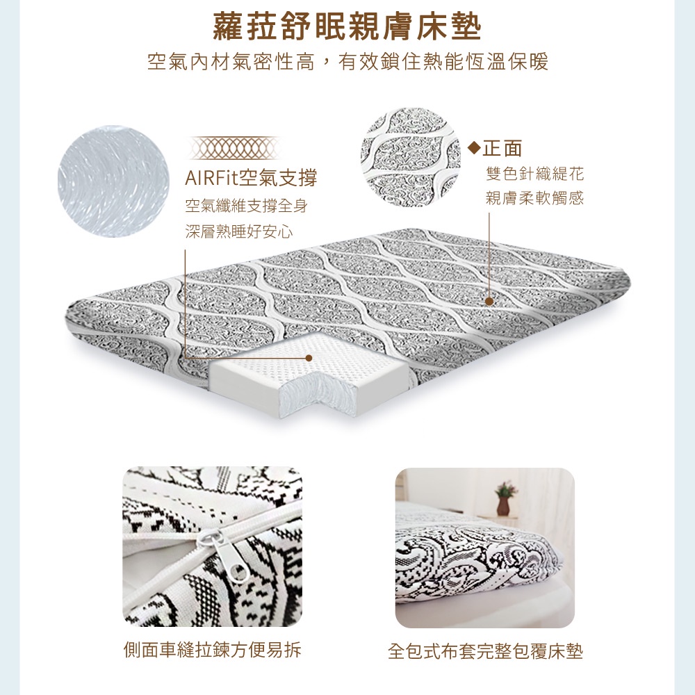 【日本旭川】AIRFit氧活力蘿菈緹花針織4.4cm空氣床墊 伊正推薦 強力支撐 可水洗 6D透氣循環 高回彈, , large