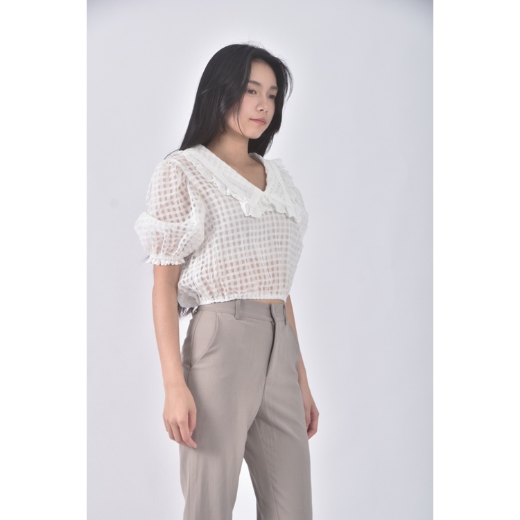 (S) topdressing韓牌質感修身短版透膚白色短袖上衣二手衣, , large