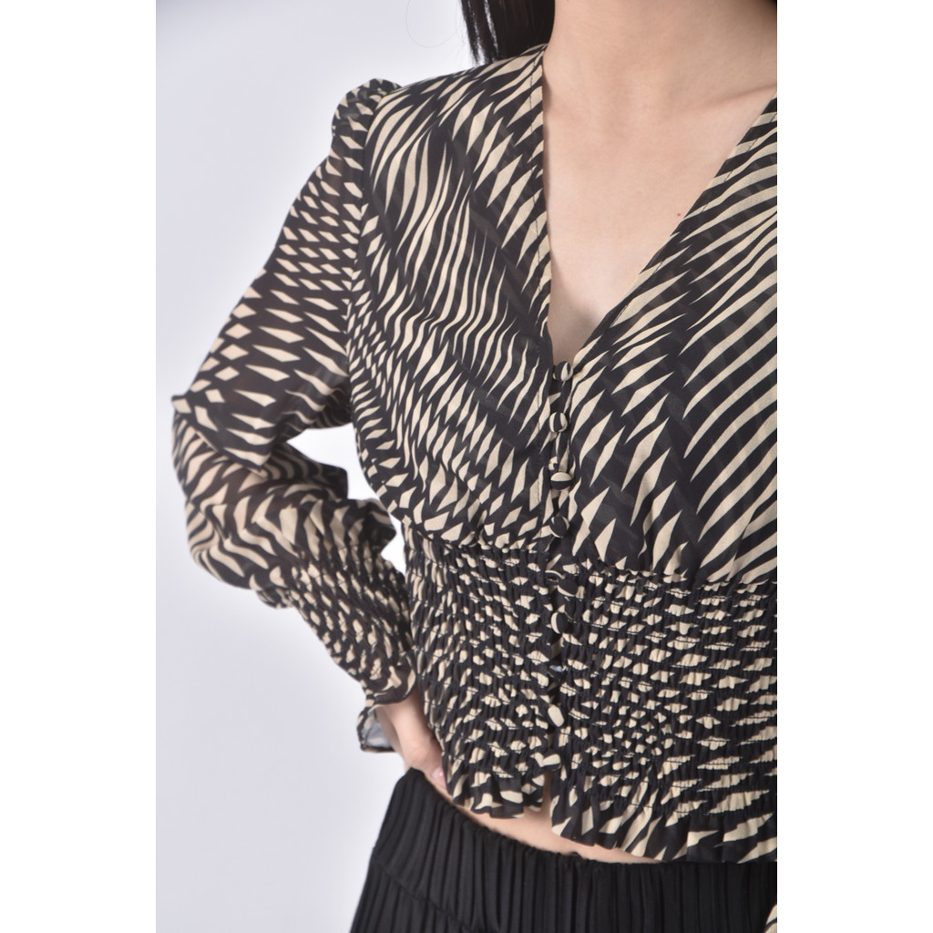 (S) pigpighouse質感紡紗V領黑色長袖上衣二手衣, , large