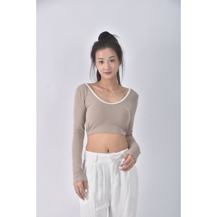 (S) 【安于晴Charlene私服】質感修身短版露背杏色長袖上衣二手衣, , large