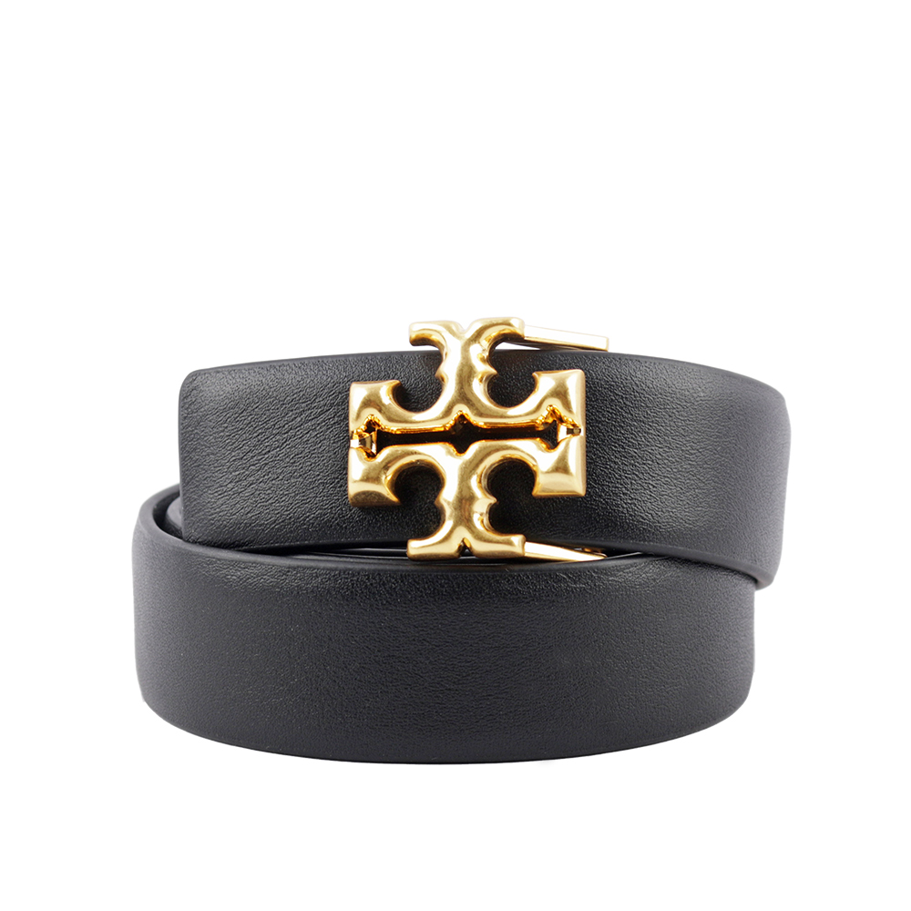 Tory Burch Eleanor 金釦小牛皮寬2.5cm皮帶/黑色/M